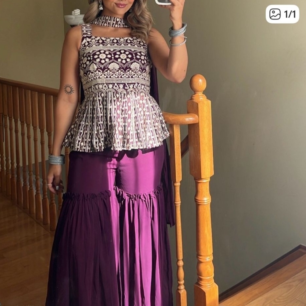 Embroidered Peplum Top with Purple Skirt Set